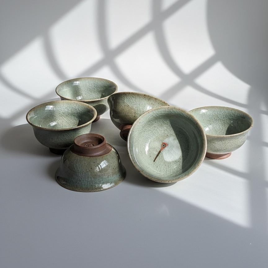 Vintage Celadon Crackle Glaze Tea Cup with Crane/Rooster Design, Handmade Ceramic Teacup