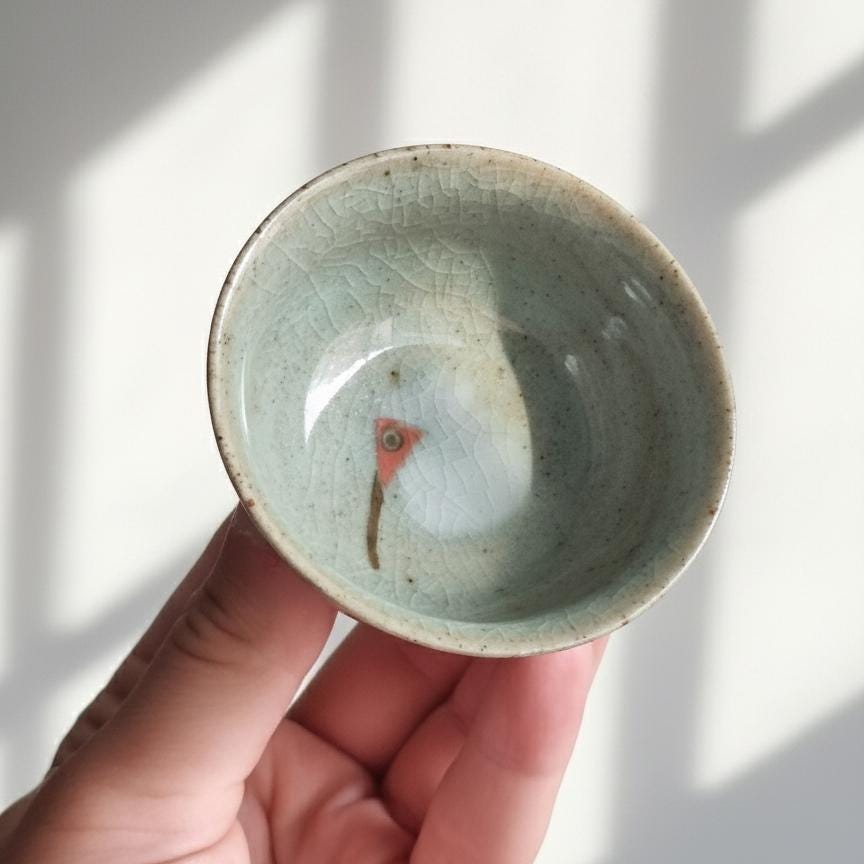 Vintage Celadon Crackle Glaze Tea Cup with Crane/Rooster Design, Handmade Ceramic Teacup