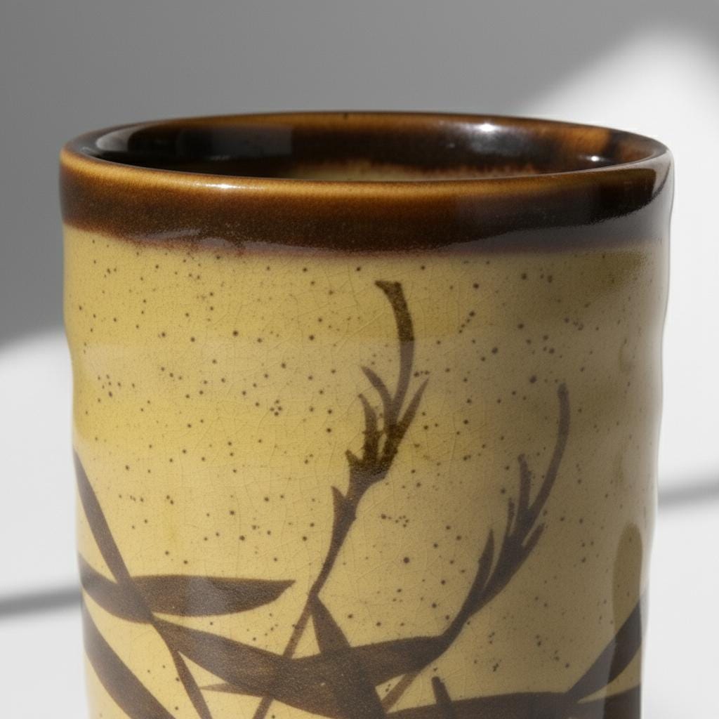 Japanese Yunomi Tea Cup, Hand-Painted Bamboo Design, Ochre Glaze