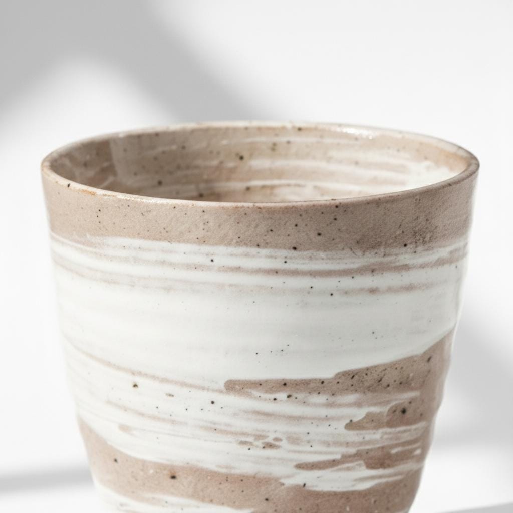 Handmade Japanese Hechimon Yunomi Pottery Marbled Glaze Tea Cup- Cream