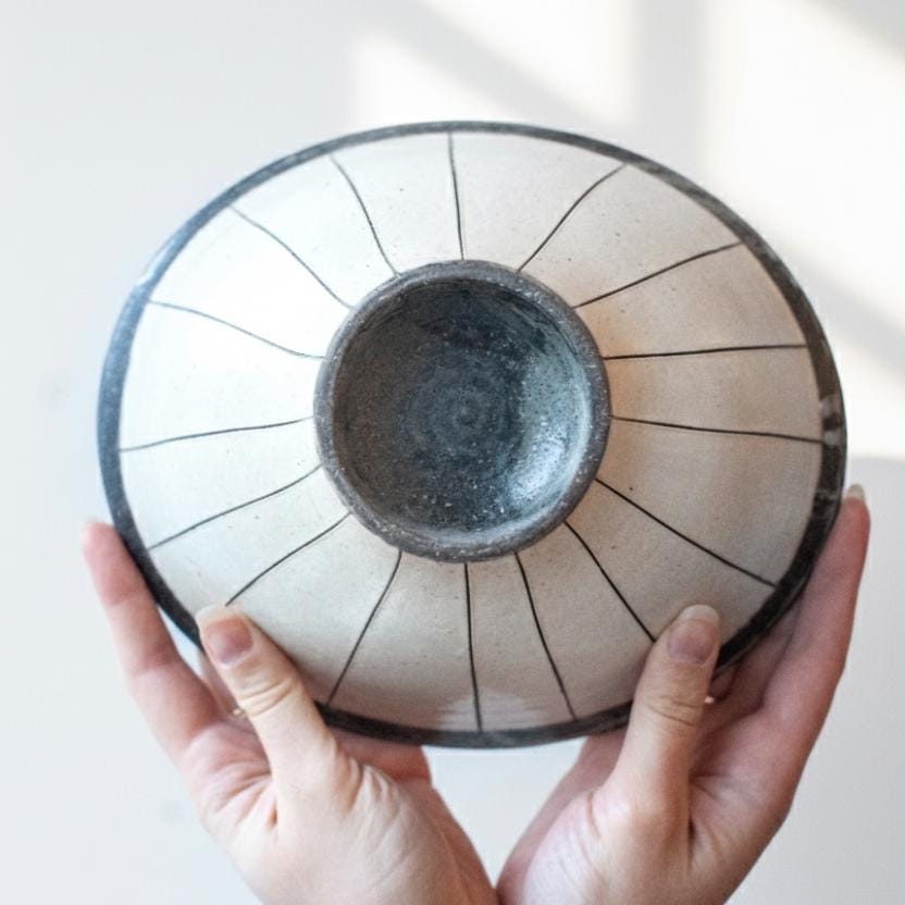 Japanese Shigaraki Ware Handmade Tachikoku Line Warp Wabi Sabi Bowl