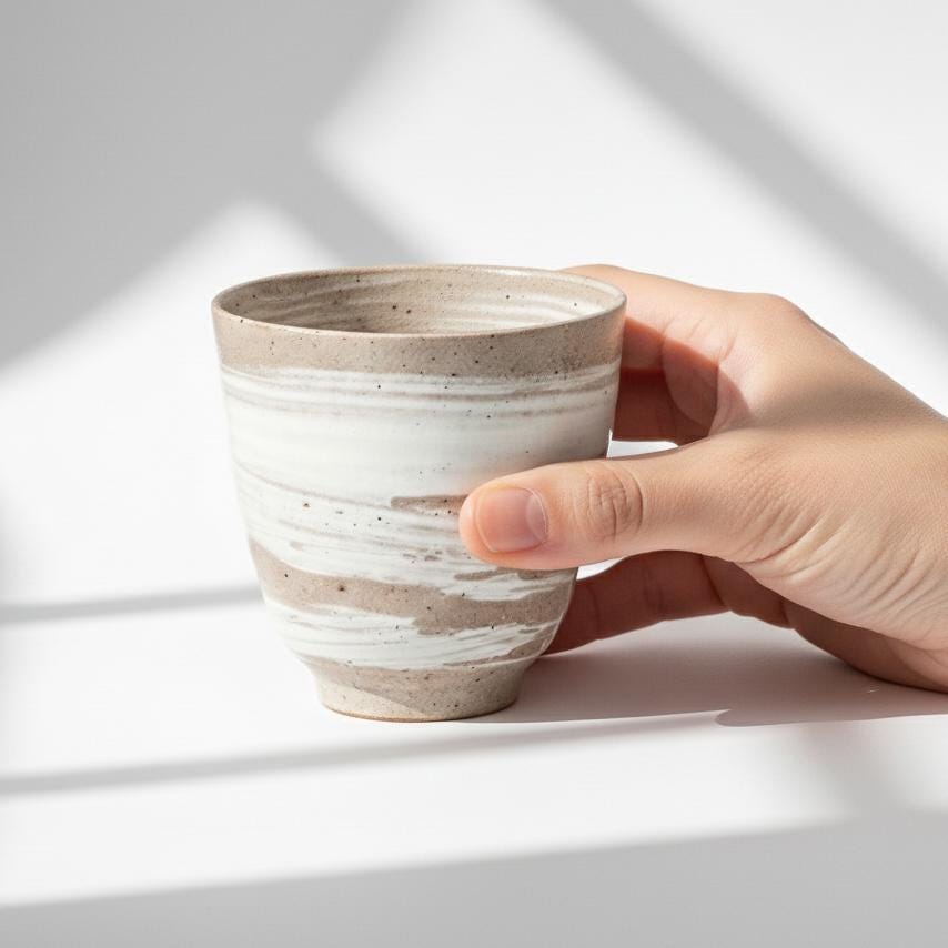 Handmade Japanese Hechimon Yunomi Pottery Marbled Glaze Tea Cup- Cream