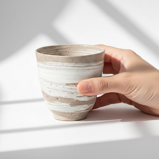 Handmade Japanese Hechimon Yunomi Pottery Marbled Glaze Tea Cup- Cream