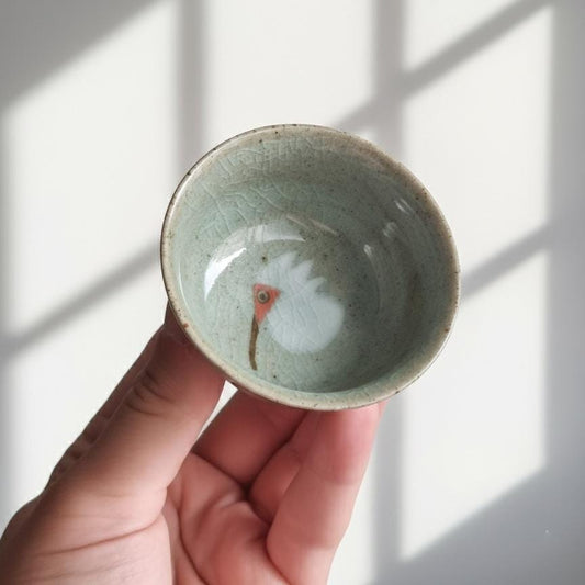 Vintage Celadon Crackle Glaze Tea Cup with Crane/Rooster Design, Handmade Ceramic Teacup