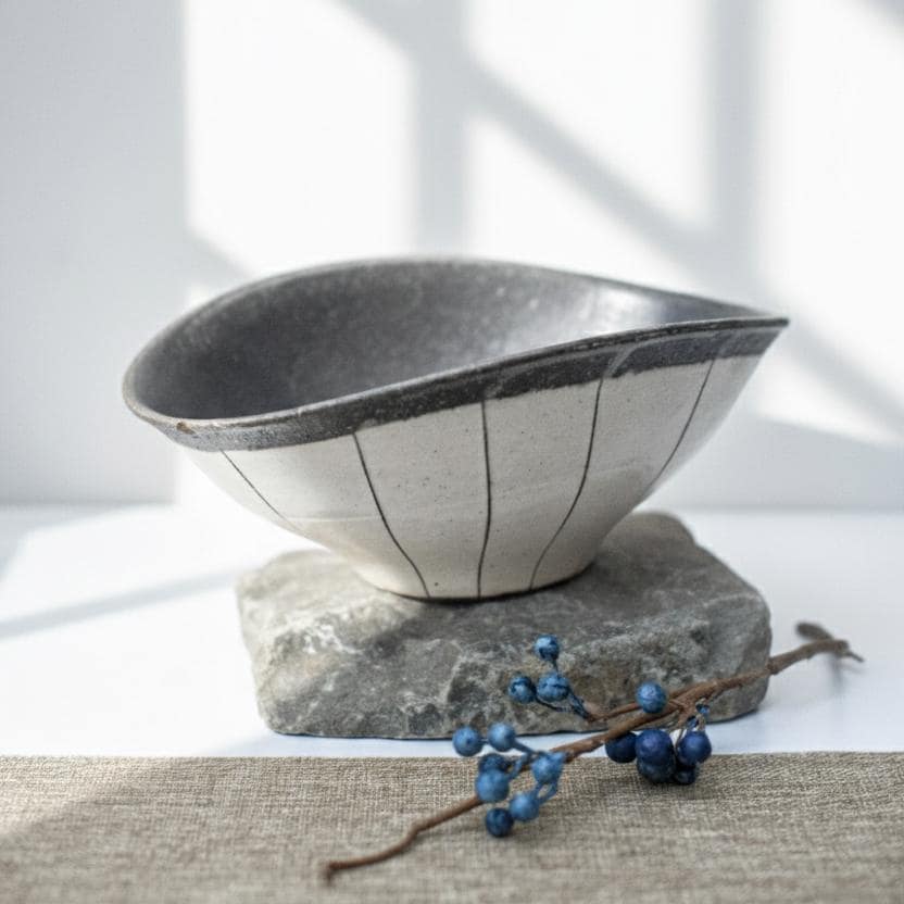 Japanese Shigaraki Ware Handmade Tachikoku Line Warp Wabi Sabi Bowl