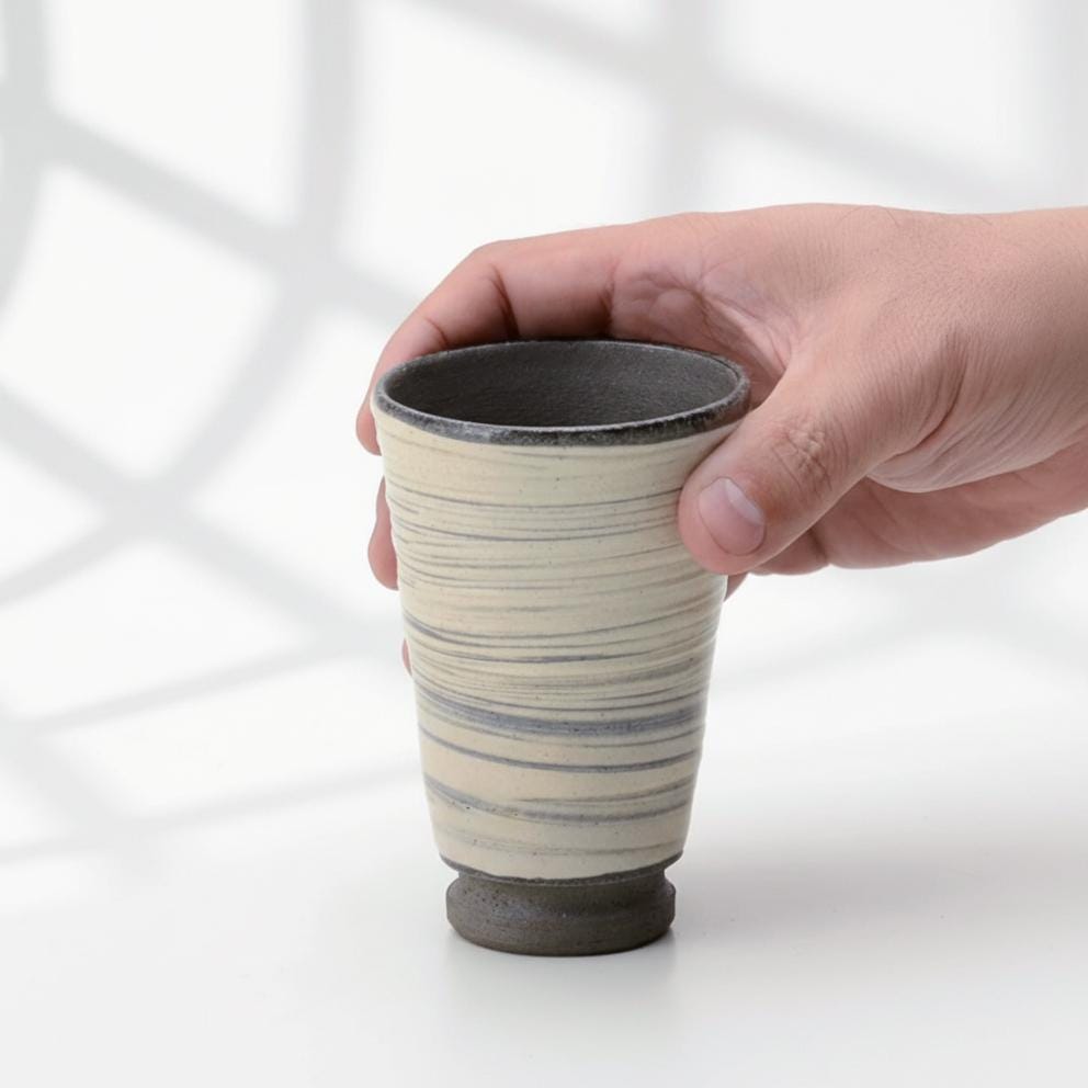 Handmade Stoneware Tumbler – Modern Japanese Ceramic Cup with Gray Stripes