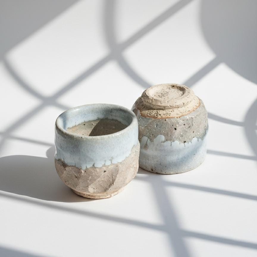 Vintage Japanese Yunomi Tea Cup Set, Rustic Stoneware with Blue-Gray Glaze