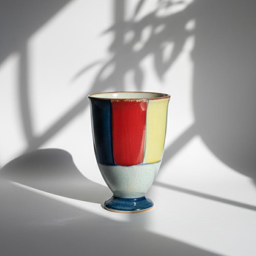 Handcrafted Japanese Rainbow Geometric Yunomi Goblet – Ceramic Footed Chalice for Tea, Sake, or Wine