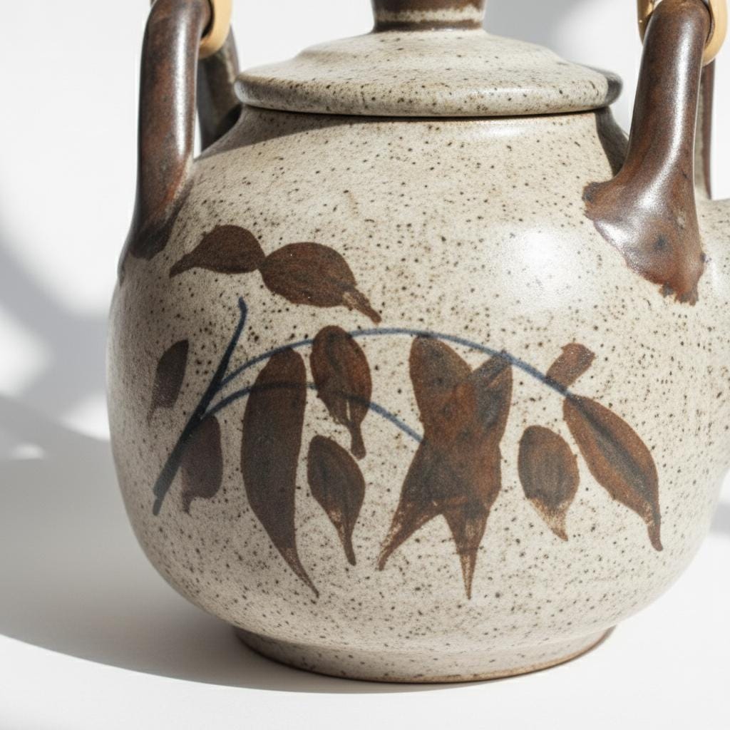 Vintage Japanese Ceramic Teapot, Bamboo Handle, Hand-Painted Floral