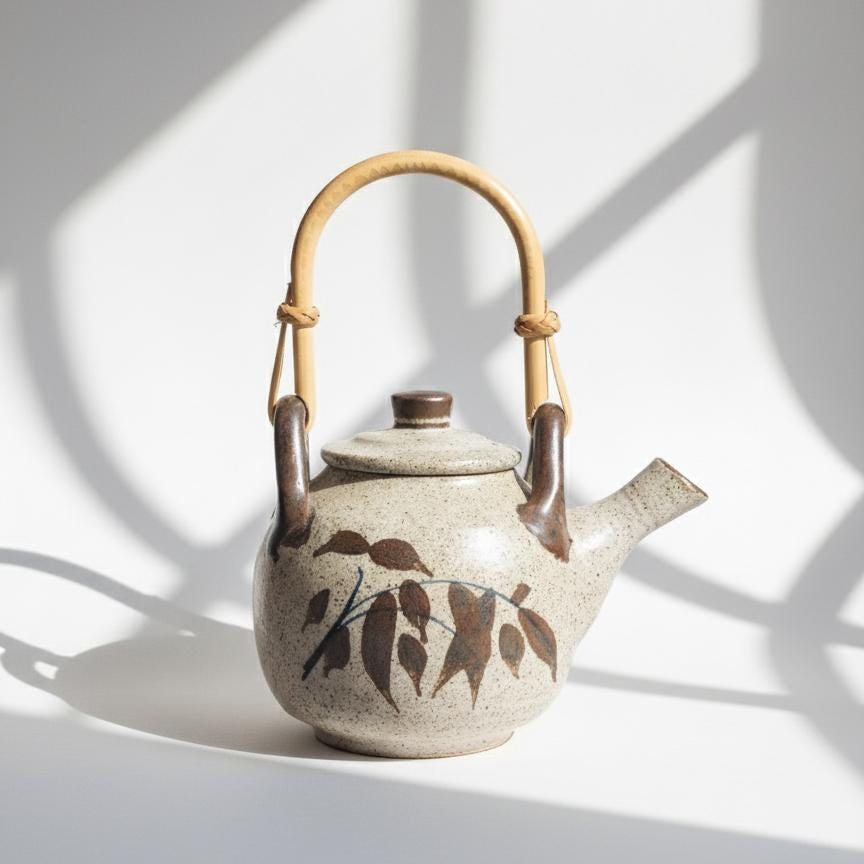 Vintage Japanese Ceramic Teapot, Bamboo Handle, Hand-Painted Floral