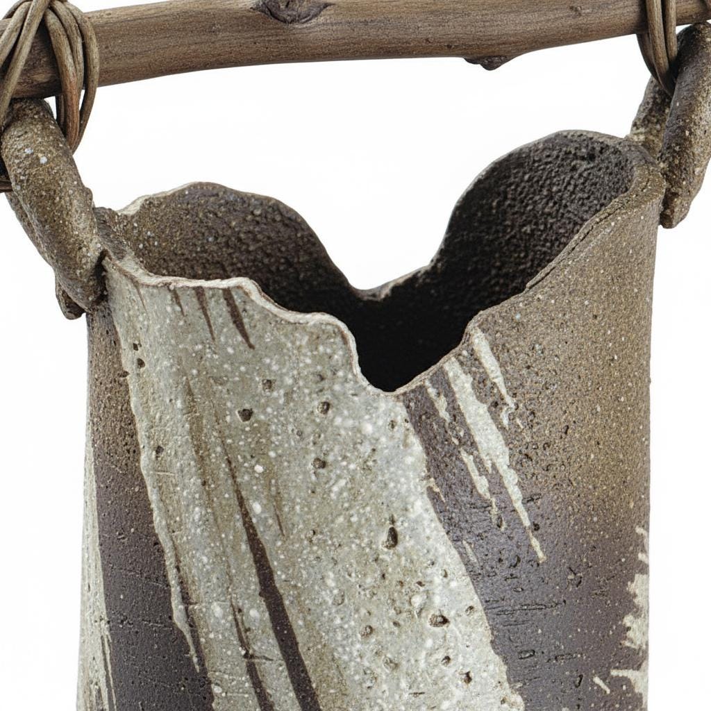 Large Japanese Shigaraki-ware Wabi-Sabi Ikebana Flower Vase | Handmade Ceramic with Rustic Driftwood Handle (Nagaregi)