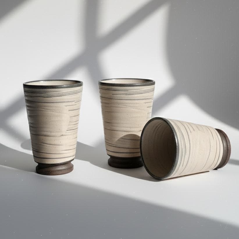 Handmade Stoneware Tumbler – Modern Japanese Ceramic Cup with Gray Stripes