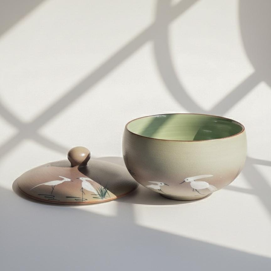 Vintage Japanese Ceramic Lidded Bowl, Hand-Painted Crane Bamboo Design