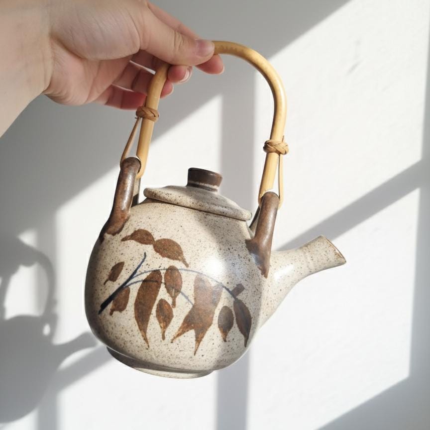Vintage Japanese Ceramic Teapot, Bamboo Handle, Hand-Painted Floral
