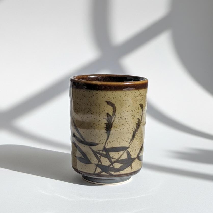 Japanese Yunomi Tea Cup, Hand-Painted Bamboo Design, Ochre Glaze