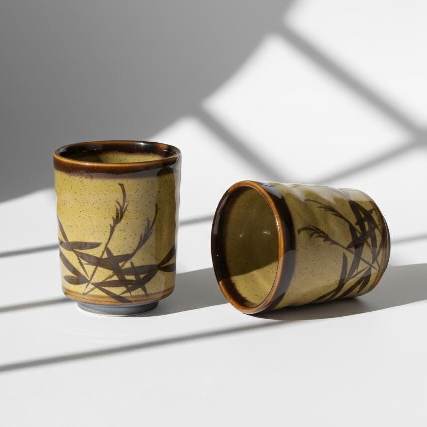 Japanese Yunomi Tea Cup, Hand-Painted Bamboo Design, Ochre Glaze