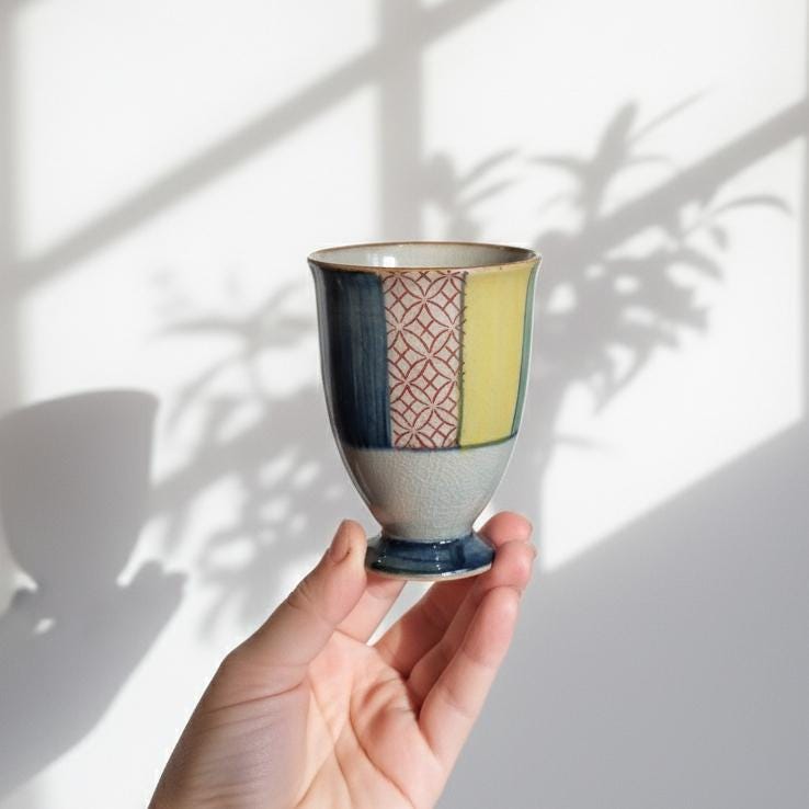 Handcrafted Japanese Rainbow Geometric Yunomi Goblet – Ceramic Footed Chalice for Tea, Sake, or Wine
