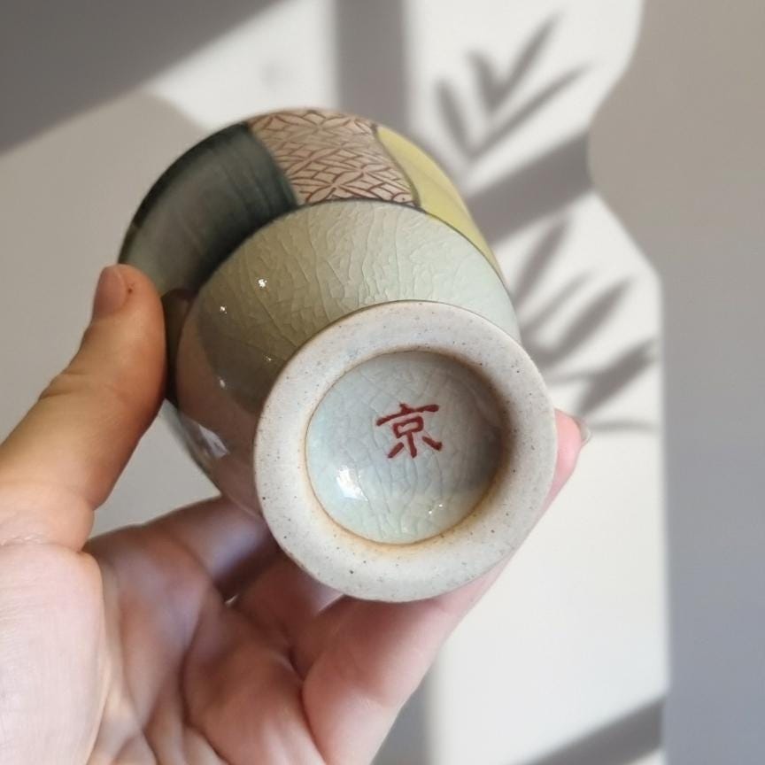 Handcrafted Japanese Rainbow Geometric Yunomi Goblet – Ceramic Footed Chalice for Tea, Sake, or Wine