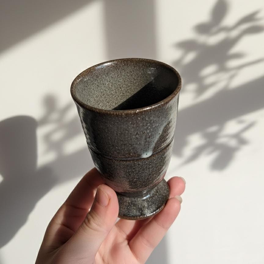 Handcrafted Japanese Stoneware Goblet Cup– Rustic Ceramic Chalice for Tea, Wine, or Display