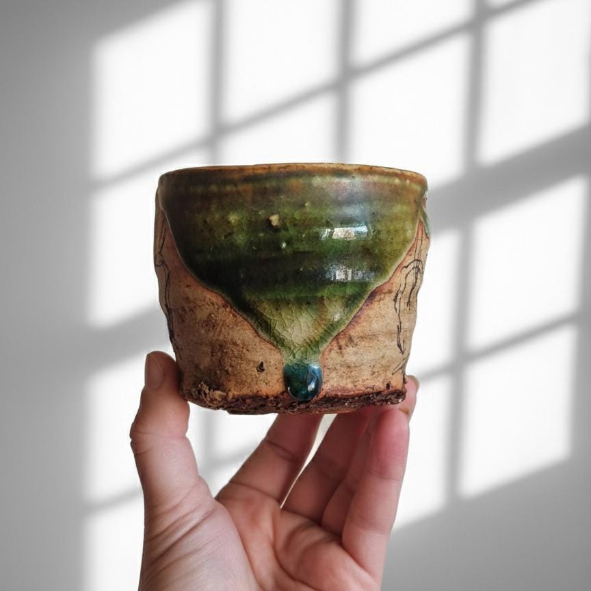Oribe Ware Chawan Tea Cup, Japanese Pottery, Green Drip Glaze, Peace Motif