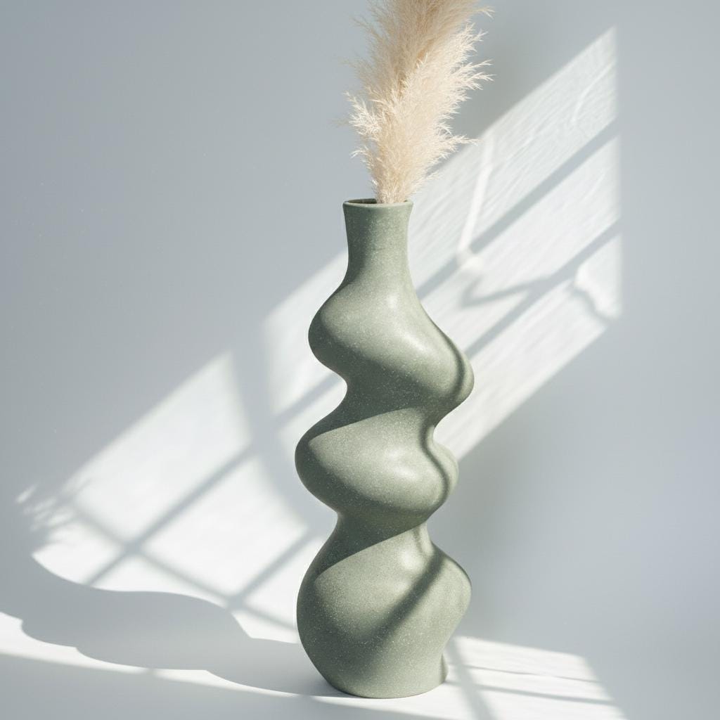 Matte Dusty Green Wiggle Shaped Ceramic Vase | Sculptural, Contemporary, Textured, Statement Home Decor