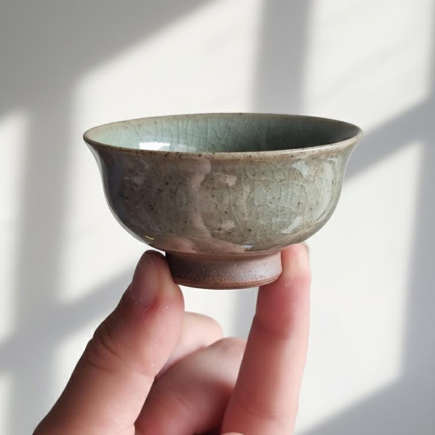 Vintage Celadon Crackle Glaze Tea Cup with Crane/Rooster Design, Handmade Ceramic Teacup