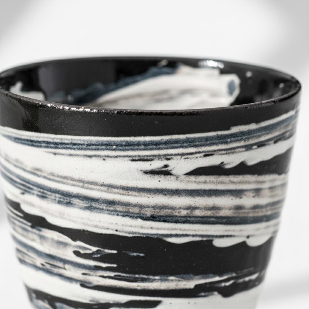 Handmade Japanese Hechimon Yunomi Pottery Marbled Glaze Tea Cup- Black