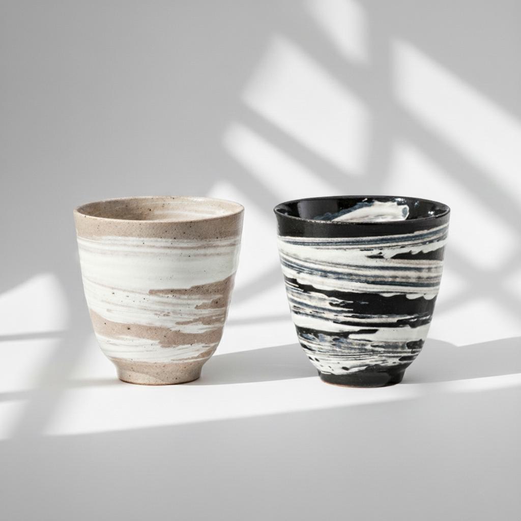 Handmade Japanese Hechimon Yunomi Pottery Marbled Glaze Tea Cup- Cream