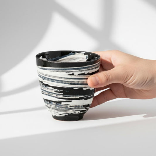 Handmade Japanese Hechimon Yunomi Pottery Marbled Glaze Tea Cup- Black