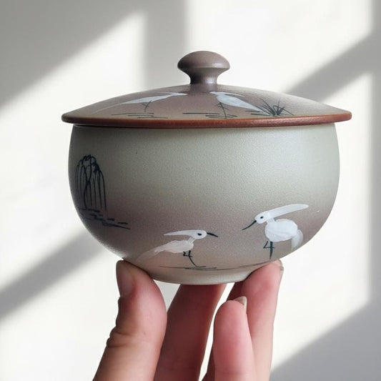 Vintage Japanese Ceramic Lidded Bowl, Hand-Painted Crane Bamboo Design