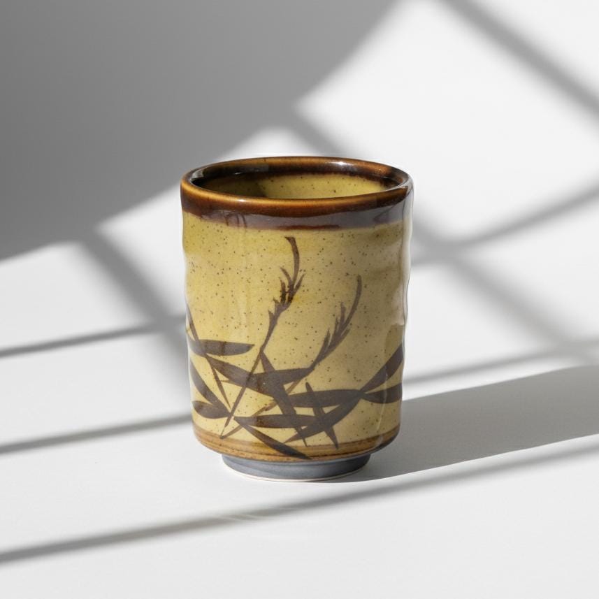 Japanese Yunomi Tea Cup, Hand-Painted Bamboo Design, Ochre Glaze