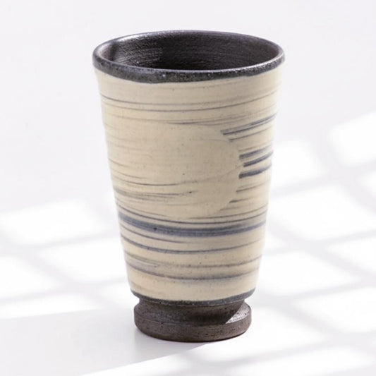Handmade Stoneware Tumbler – Modern Japanese Ceramic Cup with Gray Stripes
