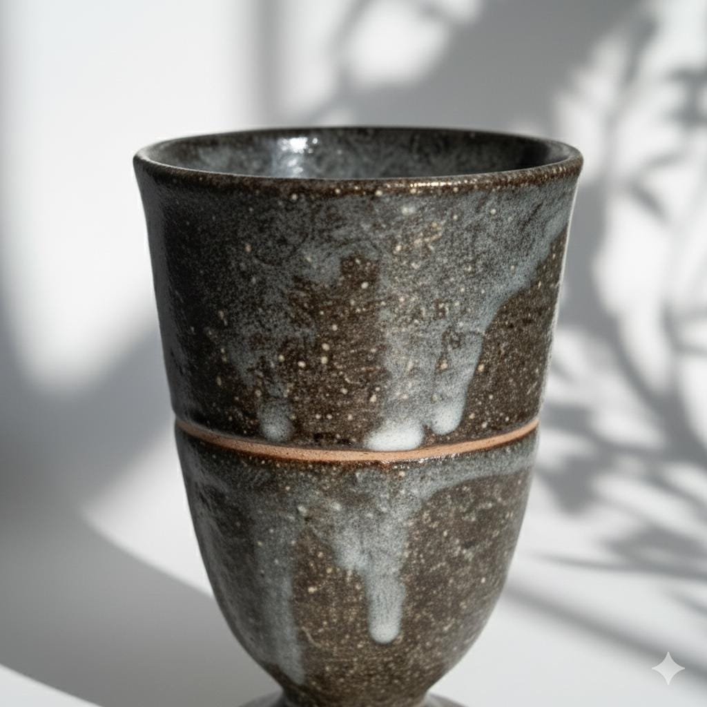 Handcrafted Japanese Stoneware Goblet Cup– Rustic Ceramic Chalice for Tea, Wine, or Display