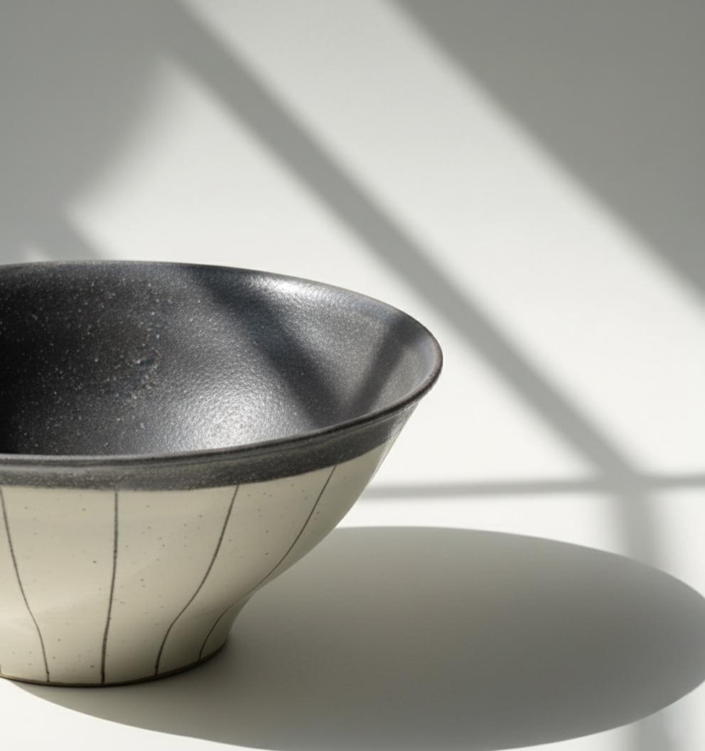 Japanese Shigaraki Ware Handmade Tachikoku Line Warp Wabi Sabi Bowl