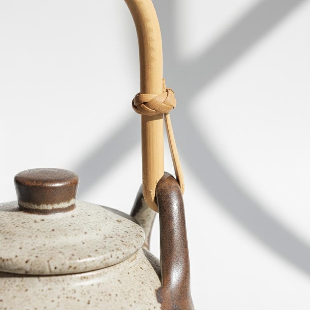 Vintage Japanese Ceramic Teapot, Bamboo Handle, Hand-Painted Floral