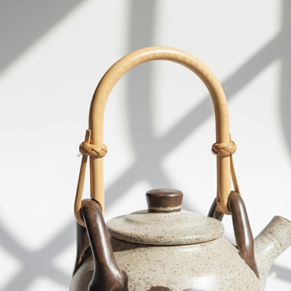 Vintage Japanese Ceramic Teapot, Bamboo Handle, Hand-Painted Floral