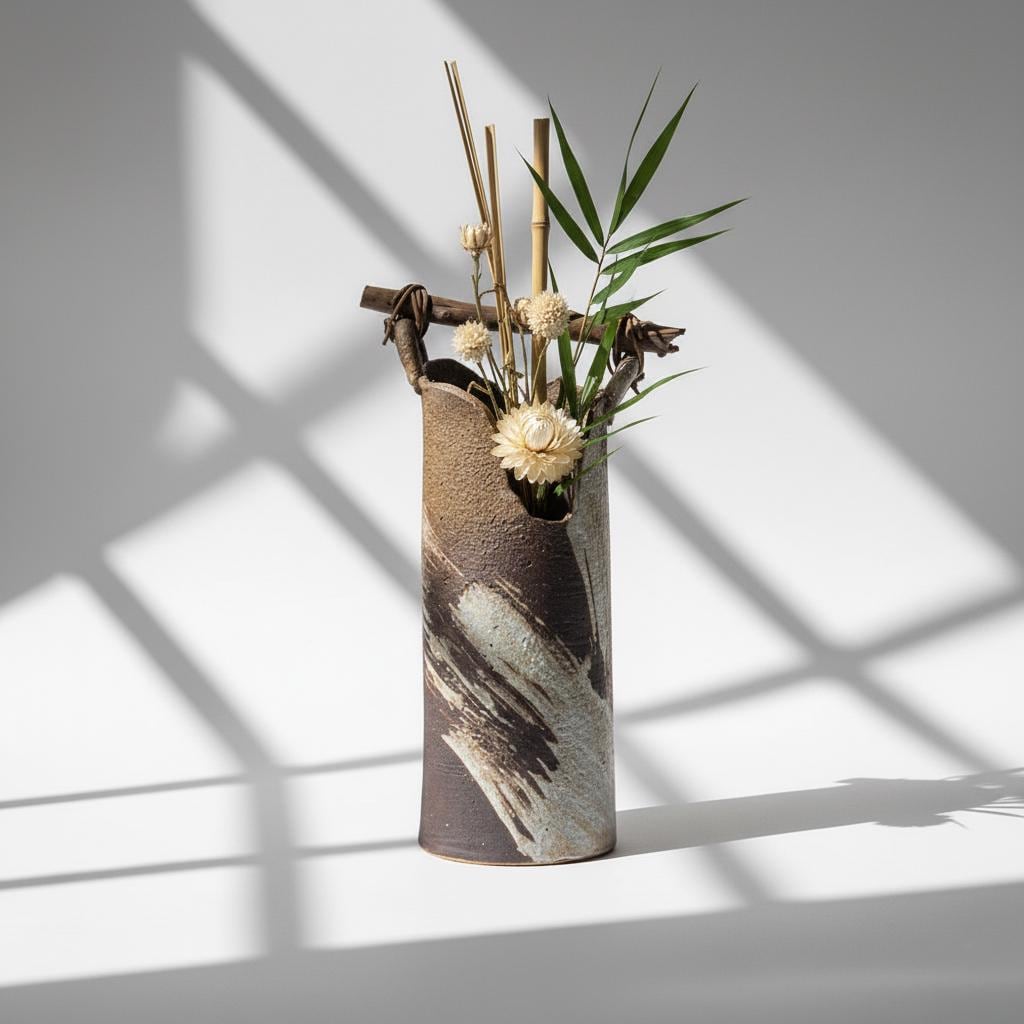 Large Japanese Shigaraki-ware Wabi-Sabi Ikebana Flower Vase | Handmade Ceramic with Rustic Driftwood Handle (Nagaregi)