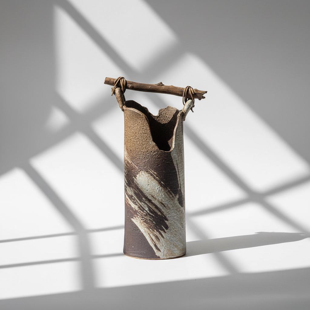 Large Japanese Shigaraki-ware Wabi-Sabi Ikebana Flower Vase | Handmade Ceramic with Rustic Driftwood Handle (Nagaregi)