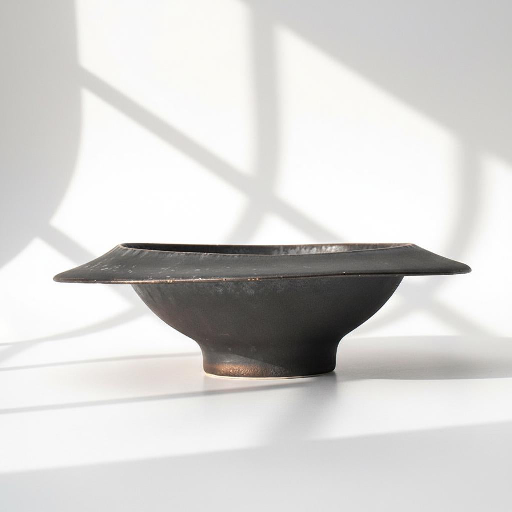 Minimalist Japanese Mukōzuke Black Gold Crystal Warp Bowl with Wide Flange Rim | Mino Ware, Sleek Wabi-Sabi Dinnerware [Pre-Order]