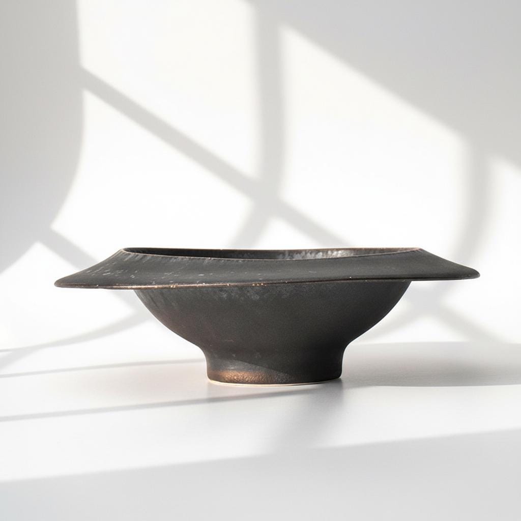 Minimalist Japanese Ikebana Vase | Mukōzuke Black Gold Crystal Warp Vase, Wide Flange Rim | Mino Ware, Sleek Wabi-Sabi [Made-to-Order]