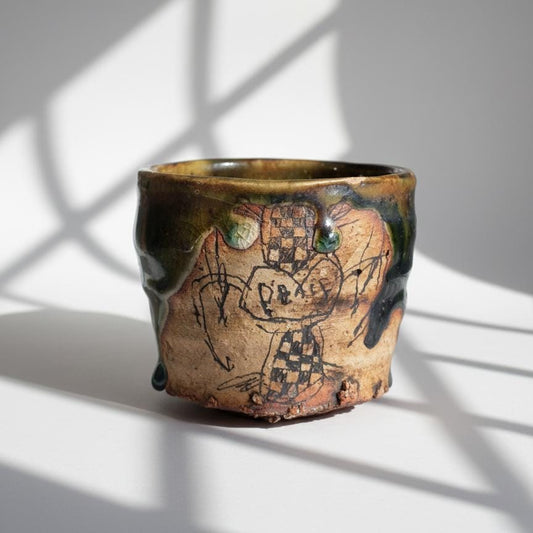 Oribe Ware Chawan Tea Cup, Japanese Pottery, Green Drip Glaze, Peace Motif