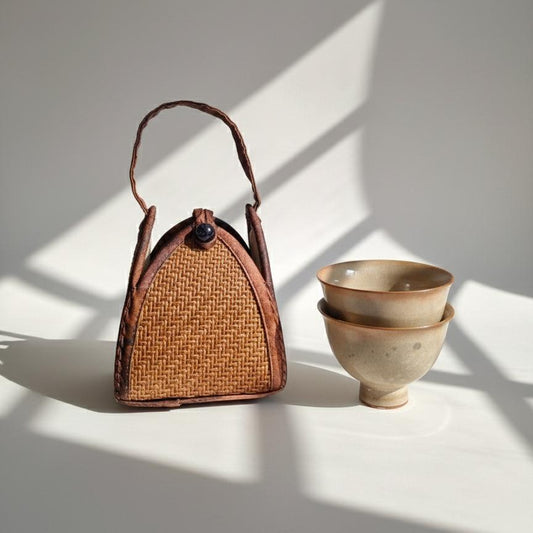 Vintage Rattan Tea Cup Bag | Woven Bamboo Gift Pouch | Japanese Style Storage Basket
