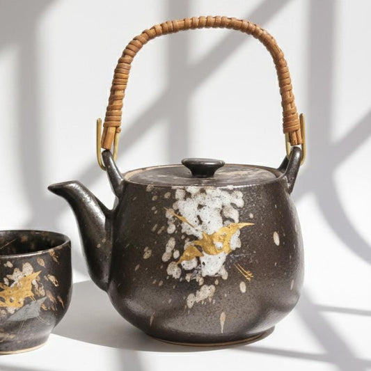 Vintage Japanese Teapot & Cup Set with Built-in Infuser | Gold Crane Design | Bamboo Handle