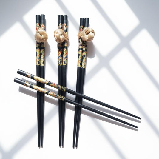 Japanese Chopsticks | Colourful Dragon Pattern Design | Gold Knot Rest | Black Lacquer
