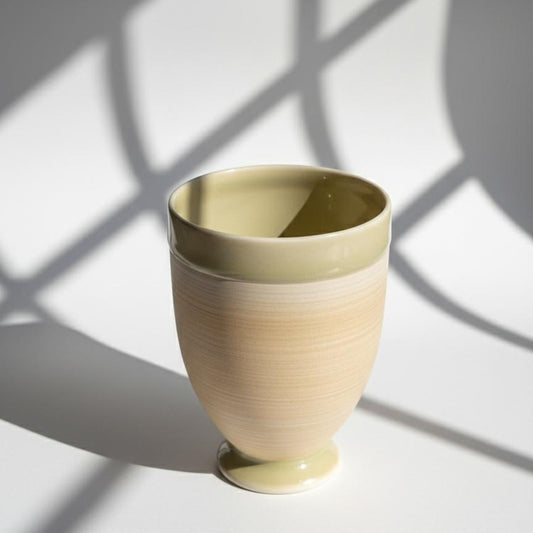 Vintage Japanese Ceramic Teacup, Footed Goblet | Yellow Sage Green Glaze | Handmade Yunomi | Reactive Glaze