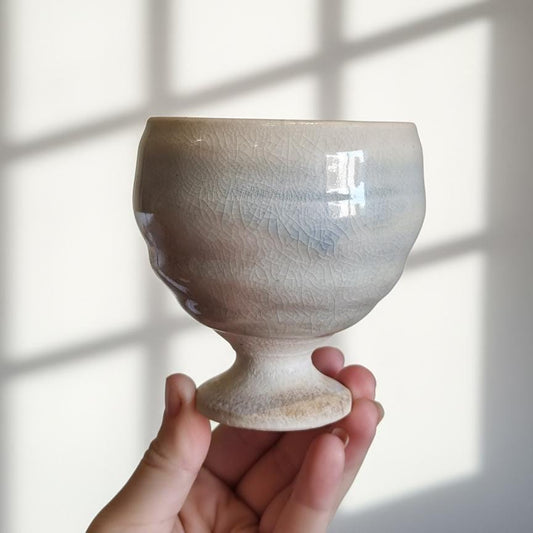 Vintage Japanese Ceramic Goblet | Cream Crackle Glaze | Blue Celadon | Handmade Stoneware | Footed Cup