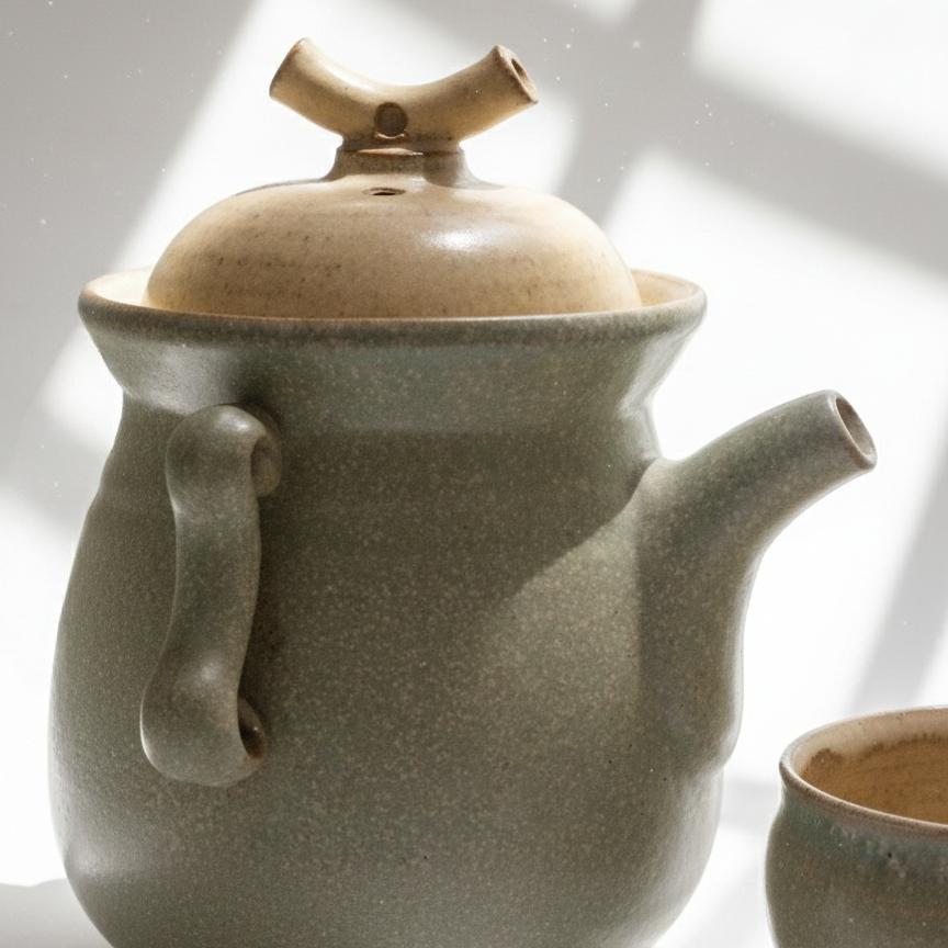 Handmade Japanese Kyusu Teapot Set, Celadon Stoneware Teapot with Cup