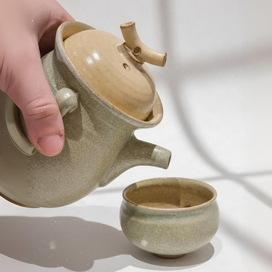 Handmade Japanese Kyusu Teapot Set, Celadon Stoneware Teapot with Cup
