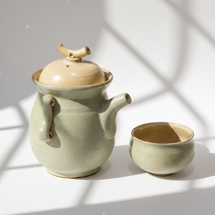 Handmade Japanese Kyusu Teapot Set, Celadon Stoneware Teapot with Cup