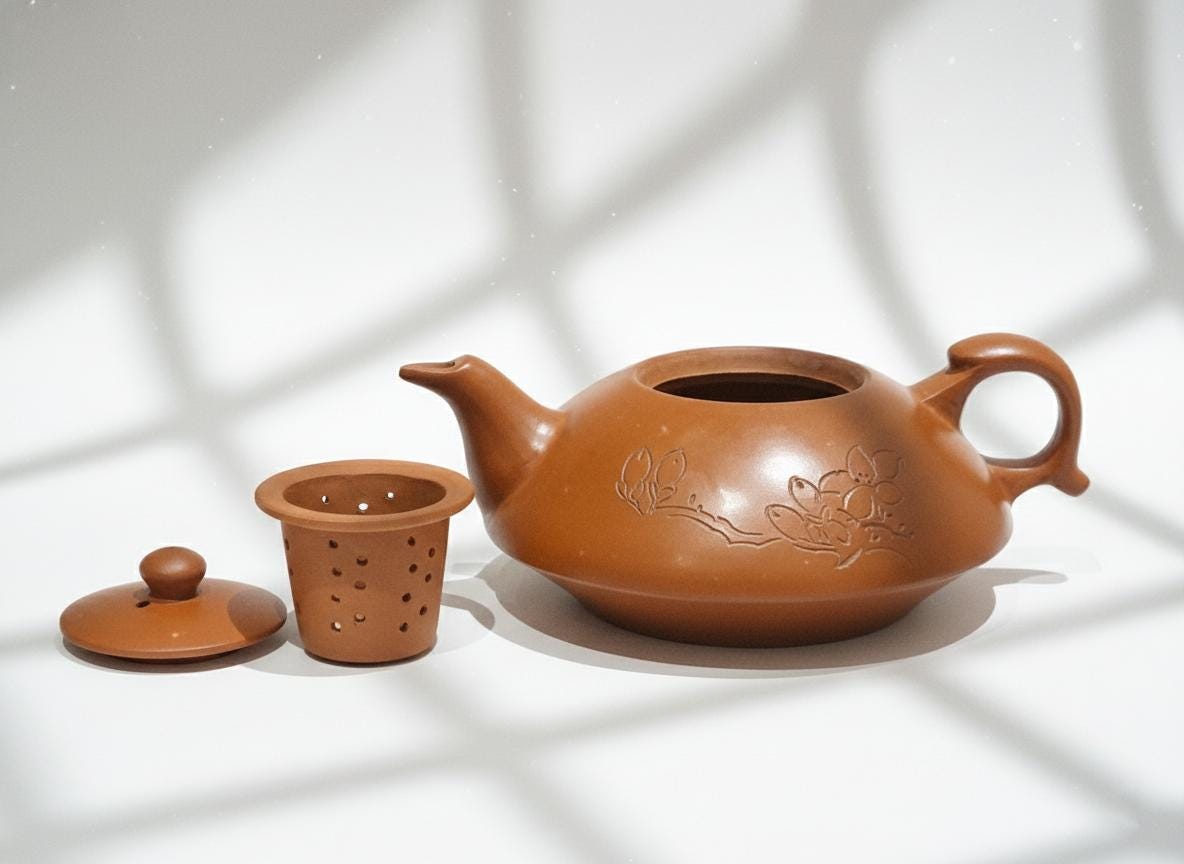 Handmade Yixing Terracotta Teapot Set, Lotus Carving, Removable Infuser